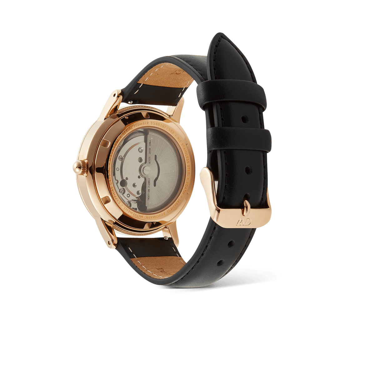 Rear view of the Daniel Wellington Iconic Sheffield Automatic Rose Gold watch, highlighting the exhibition case back with visible automatic movement and black leather strap.