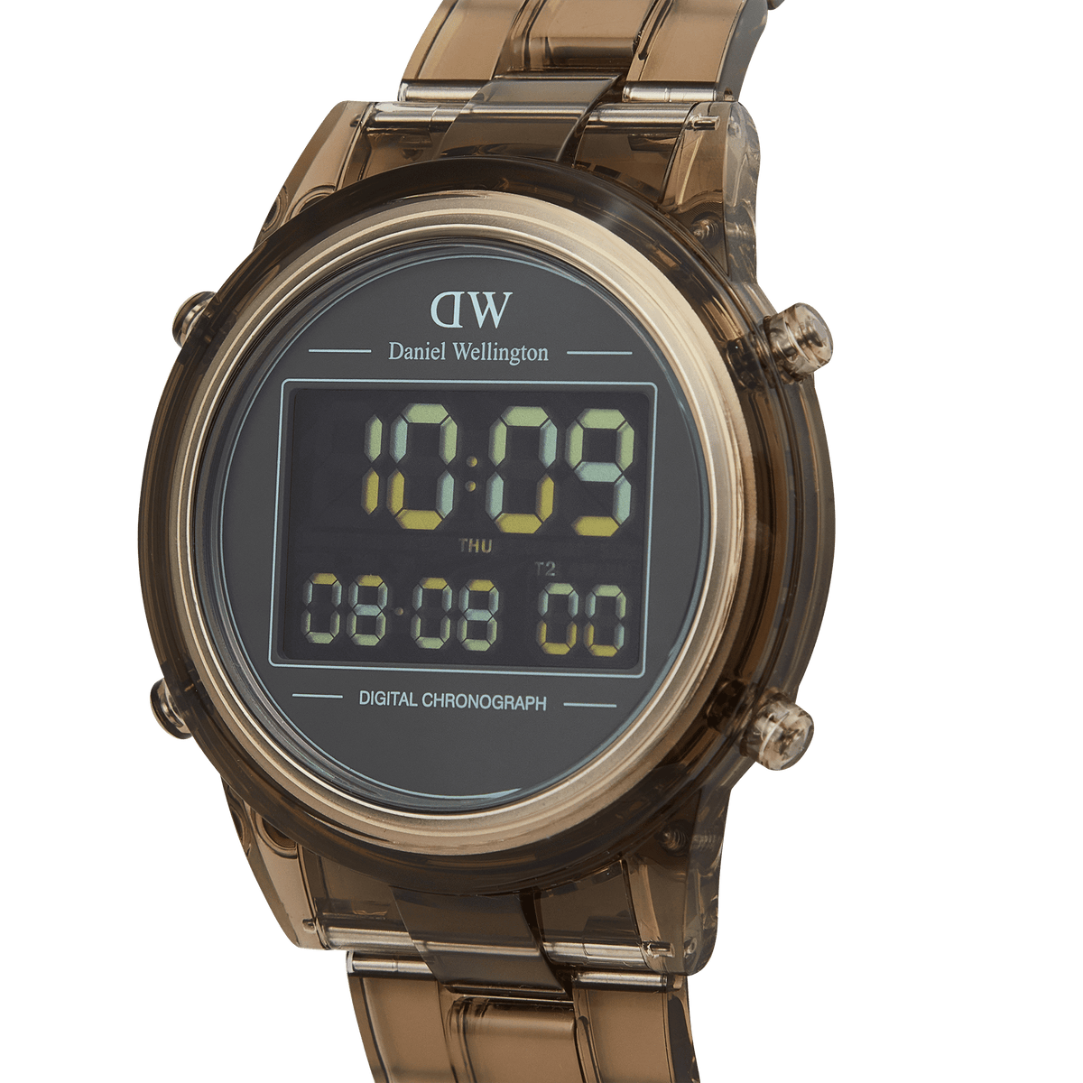 Daniel Wellington Retro Digital Dark Brown watch with a transparent brown bio-based plastic case, matching link strap, and a clear black digital display featuring dual time and chronograph functions.