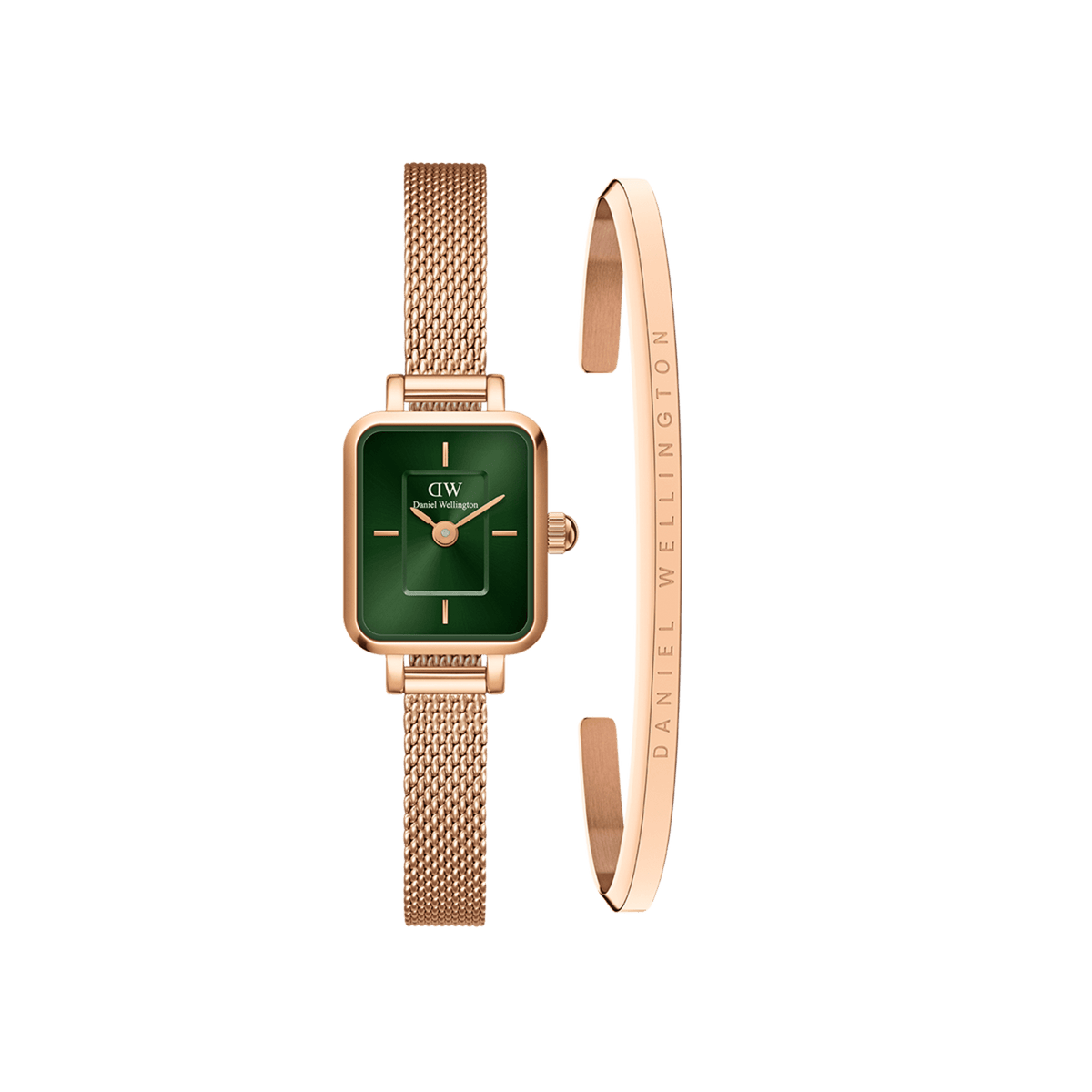 Rose gold Daniel Wellington Quadro Mini watch with a rectangular emerald green dial and matching mesh strap, paired with a slim rose gold bracelet engraved with the brand name.