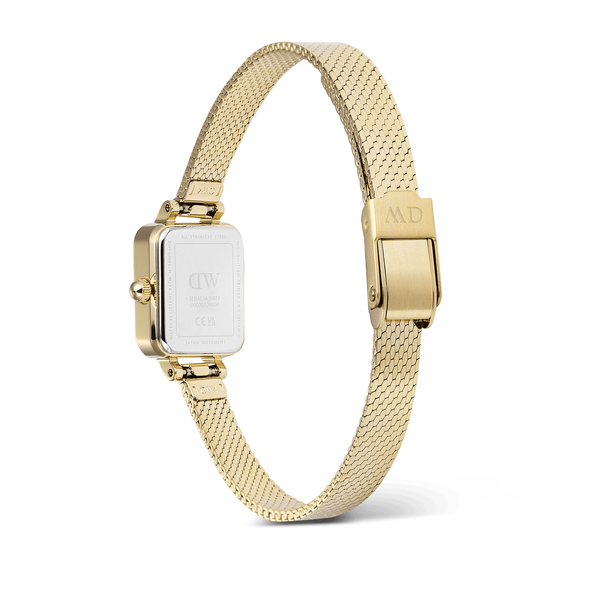 Quadro Mini Reflection Gold watch showing stainless steel case back and adjustable gold mesh strap with clasp detail.