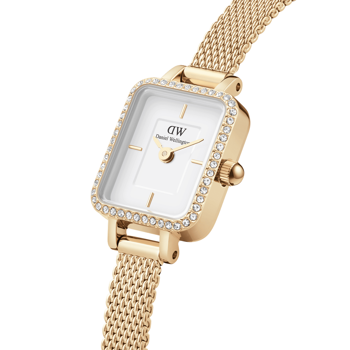 Quadro Mini Lumine Bezel Gold watch with rectangular crystal bezel, white dial, and gold mesh strap by Daniel Wellington.