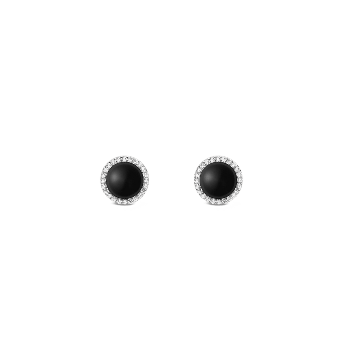 Black agate and silver stud earrings with a halo of white cubic zirconia crystals in a minimalist round design.