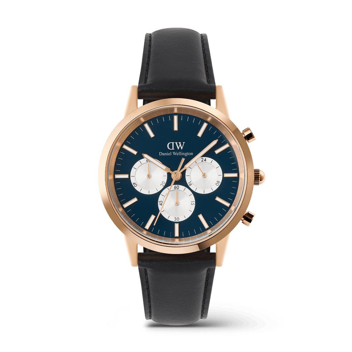Men’s chronograph watch featuring a deep blue dial with white sub-dials, rose gold case, and black leather strap, showcasing the Iconic Chronograph Sheffield Arctic Panda Rose Gold by Daniel Wellington.