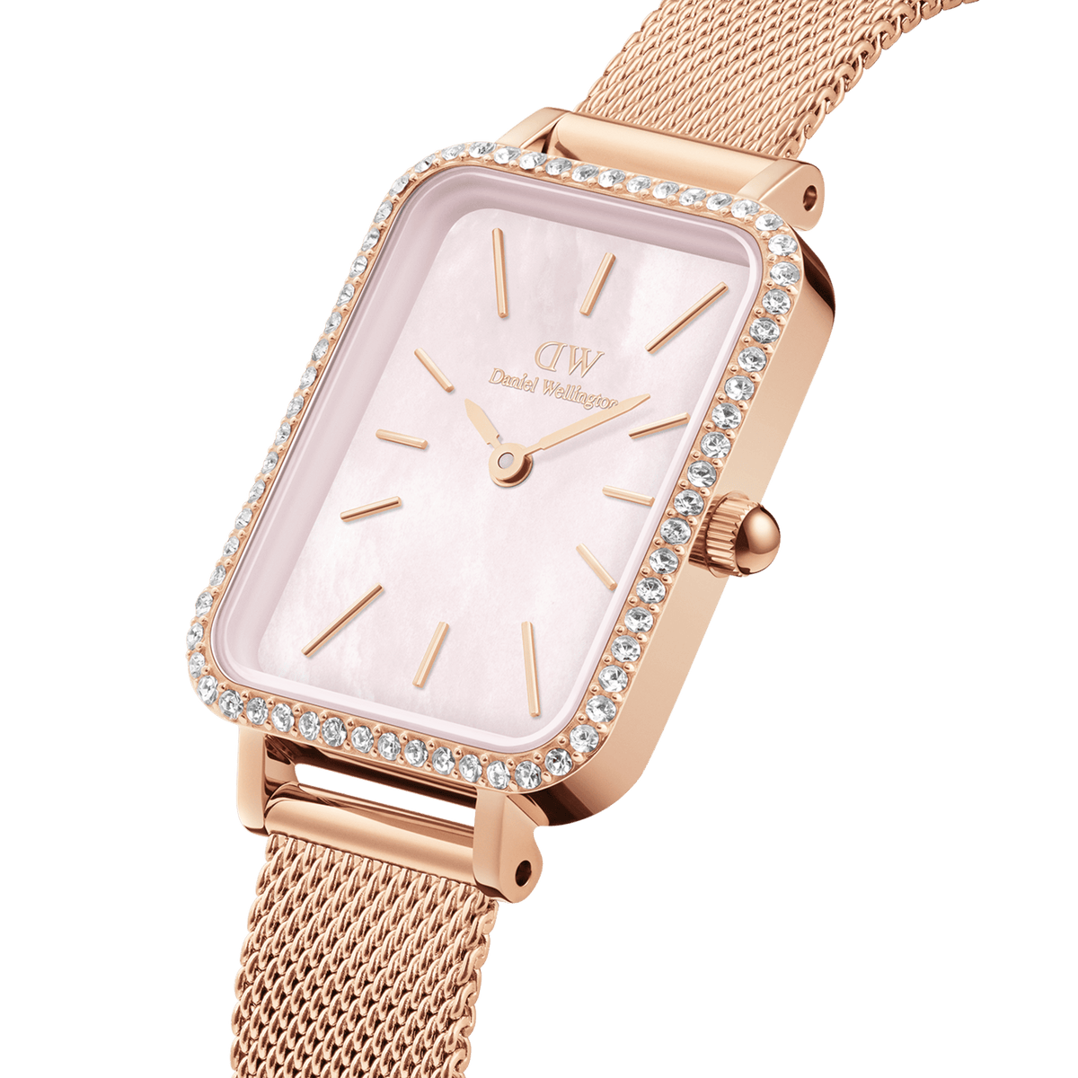 Rectangular rose gold women’s watch with a pink mother of pearl dial, crystal-set bezel, and a fine mesh strap.