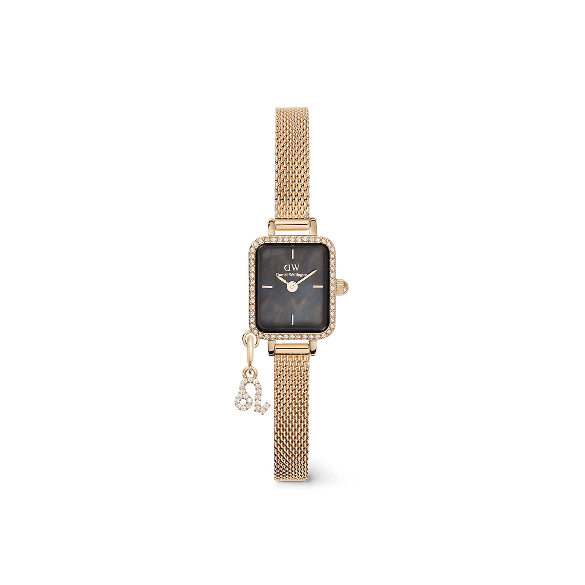 Gold rectangular women’s watch with a black mother of pearl dial, crystal-set bezel, gold mesh strap, and a sparkling zodiac charm attached, designed for a refined and personalised look.