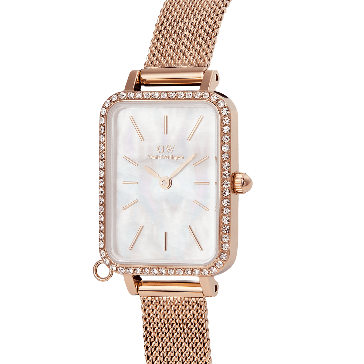 Close-up of the Quadro Crystal Zodiac Melrose Set, highlighting its rectangular rose gold case with a crystal-set bezel, white mother of pearl dial, and an elegant rose gold mesh strap.