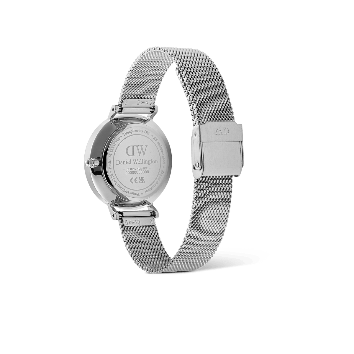 Back view of the Petite Lune Sterling watch showing the engraved caseback, adjustable silver mesh strap, and secure clasp.