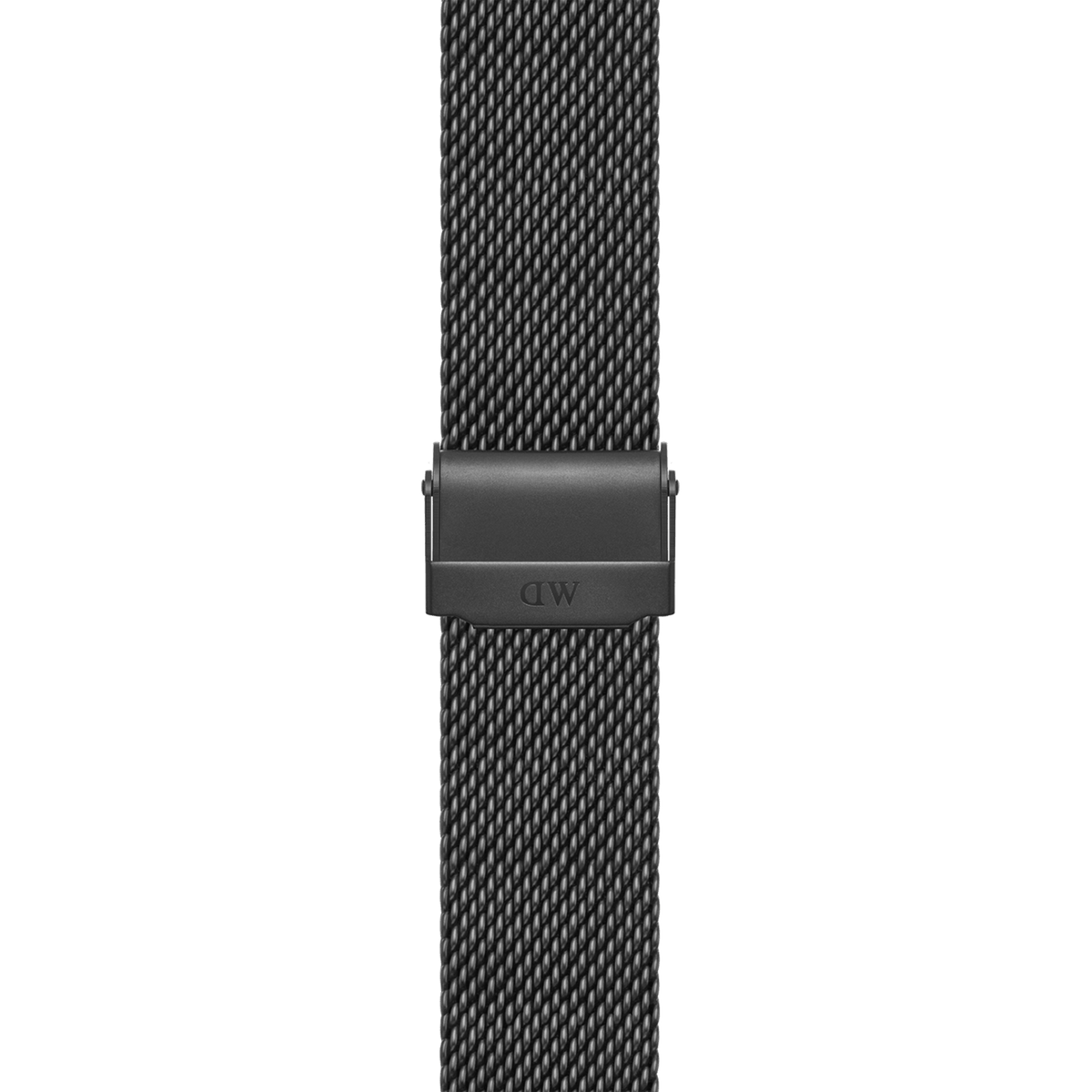 Close-up of the black sandblasted mesh stainless steel smartwatch strap, highlighting the adjustable clasp and fine woven texture.