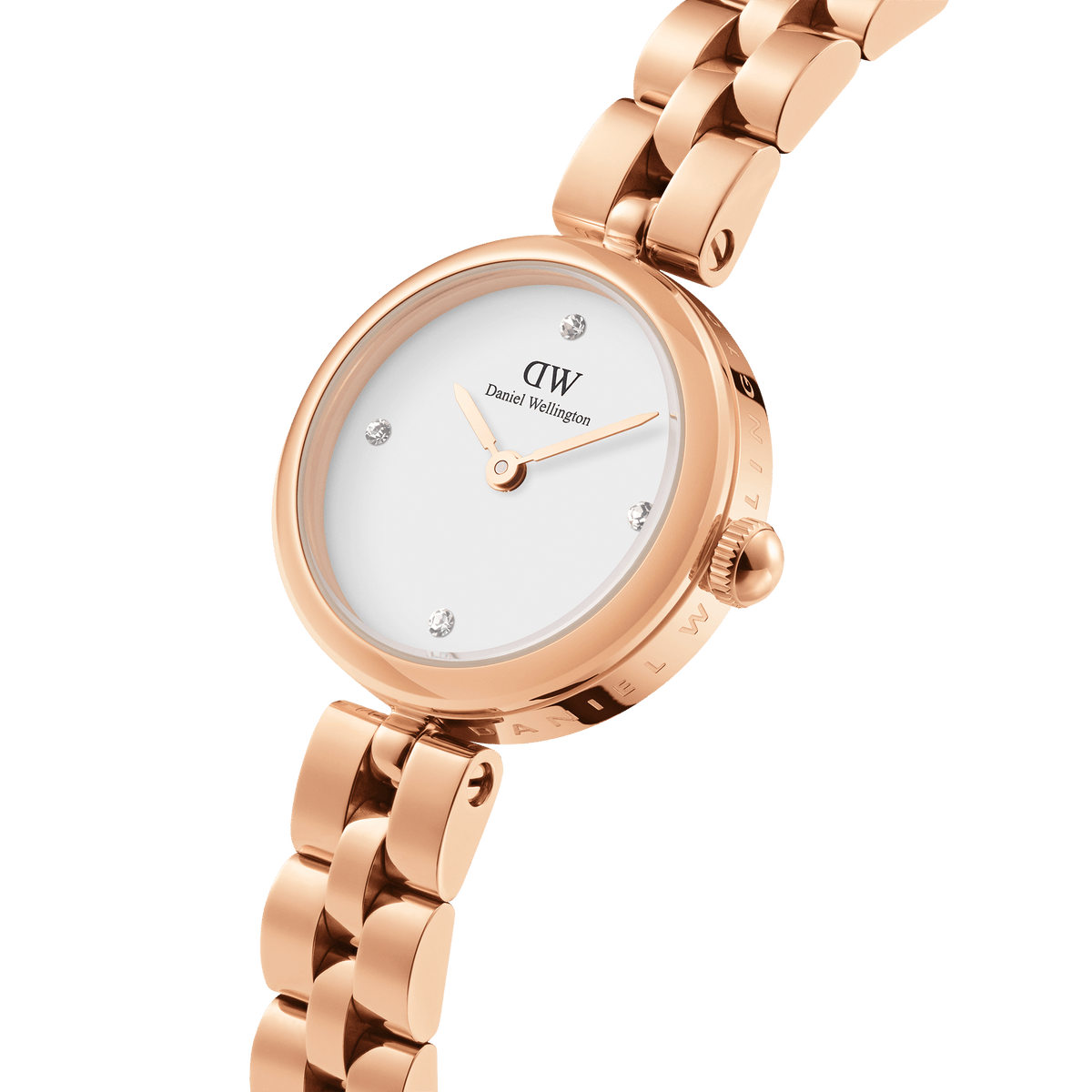Close-up of the Elan Lumine Rose Gold women’s watch, highlighting its polished rose gold case, minimalist white dial with crystal markers, and elegant three-link bracelet.