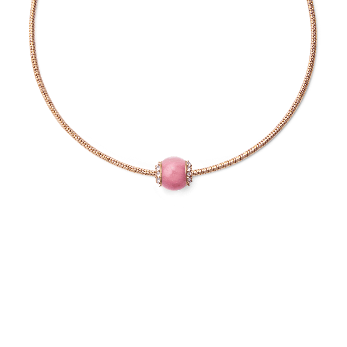Rose gold snake chain bracelet featuring a central rhodonite crystal orb charm with sparkling Preciosa crystal accents and a polished finish.
