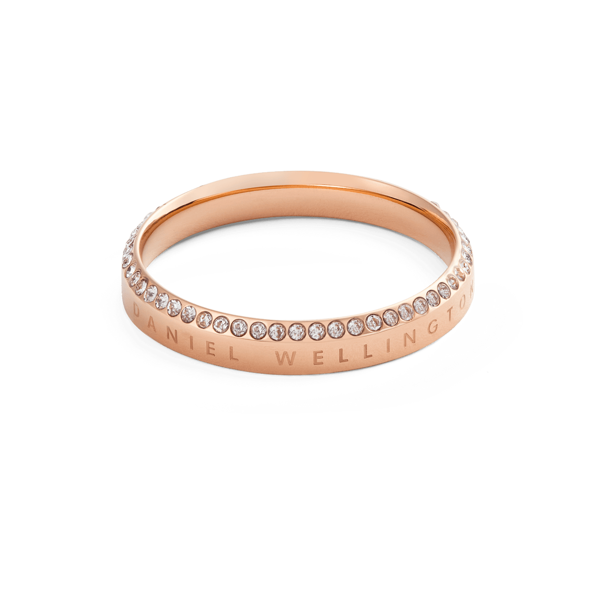 Classic Aura Ring Rose Gold with a slim rose gold band, Daniel Wellington engraving, and a row of sparkling white cubic zirconia crystals along the edge for an elegant, modern finish.