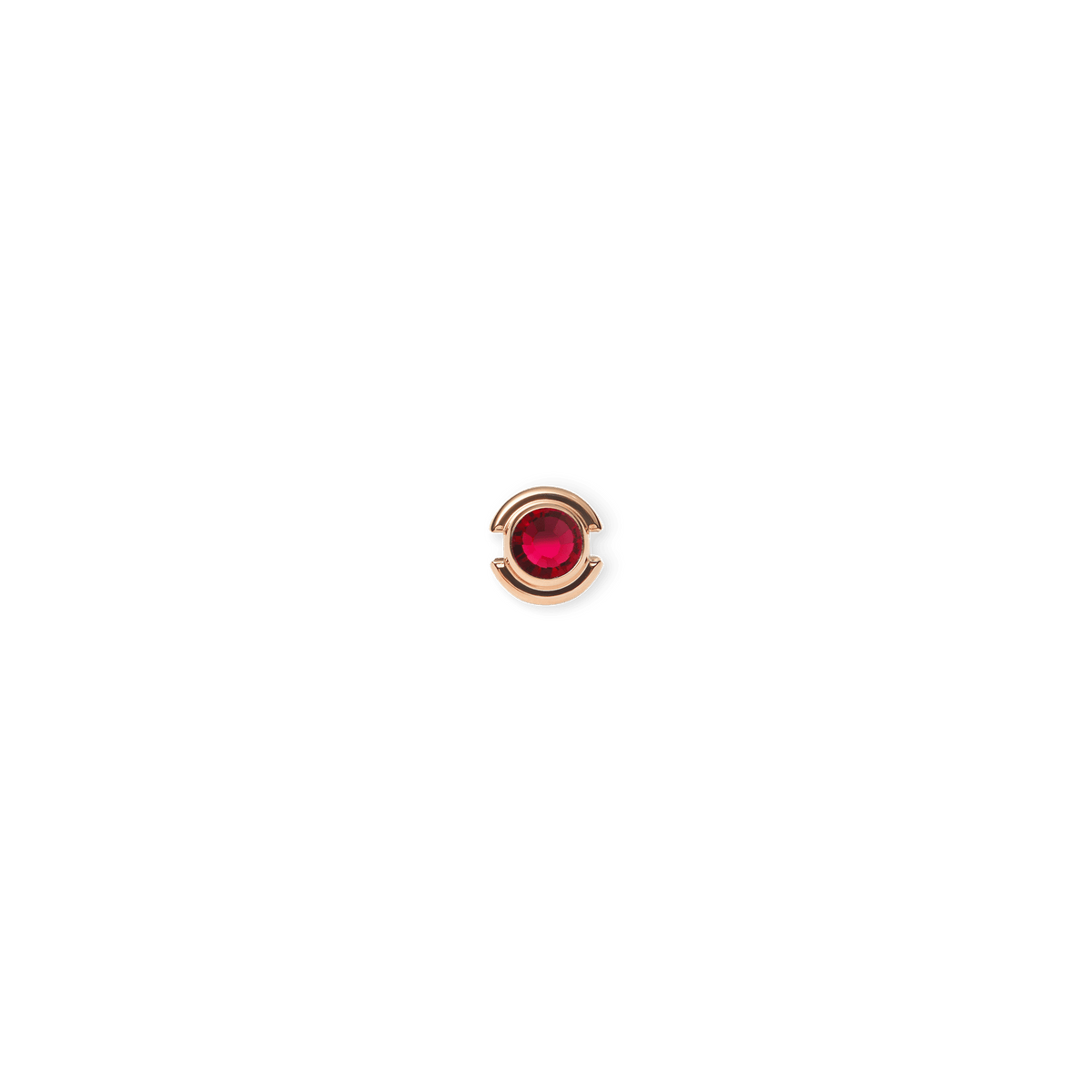 Rose gold circular charm with a vibrant red crystal centre, inspired by the July birthstone and crafted from stainless steel with a polished finish.
