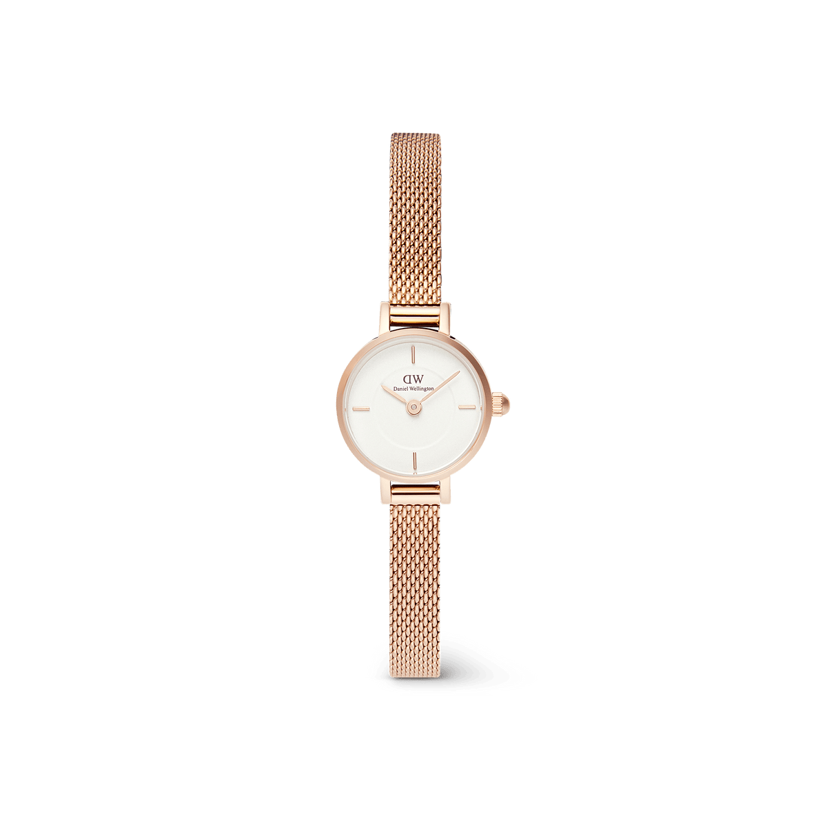 Petite Mini Melrose women’s watch featuring a slim 19mm rose gold case, minimalist white dial, and an elegant rose gold mesh strap, designed for a refined and feminine look.