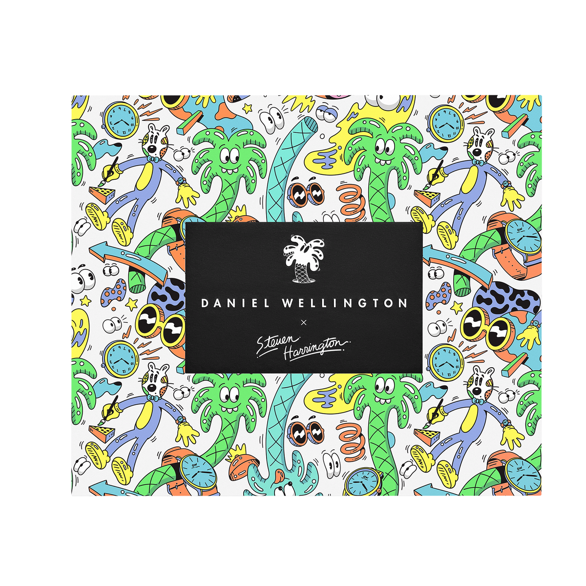 Limited edition Daniel Wellington x Steve Harrington gift box featuring vibrant, playful illustrations of palm trees, animated characters, and watches in a bold, multi-coloured graphic style.