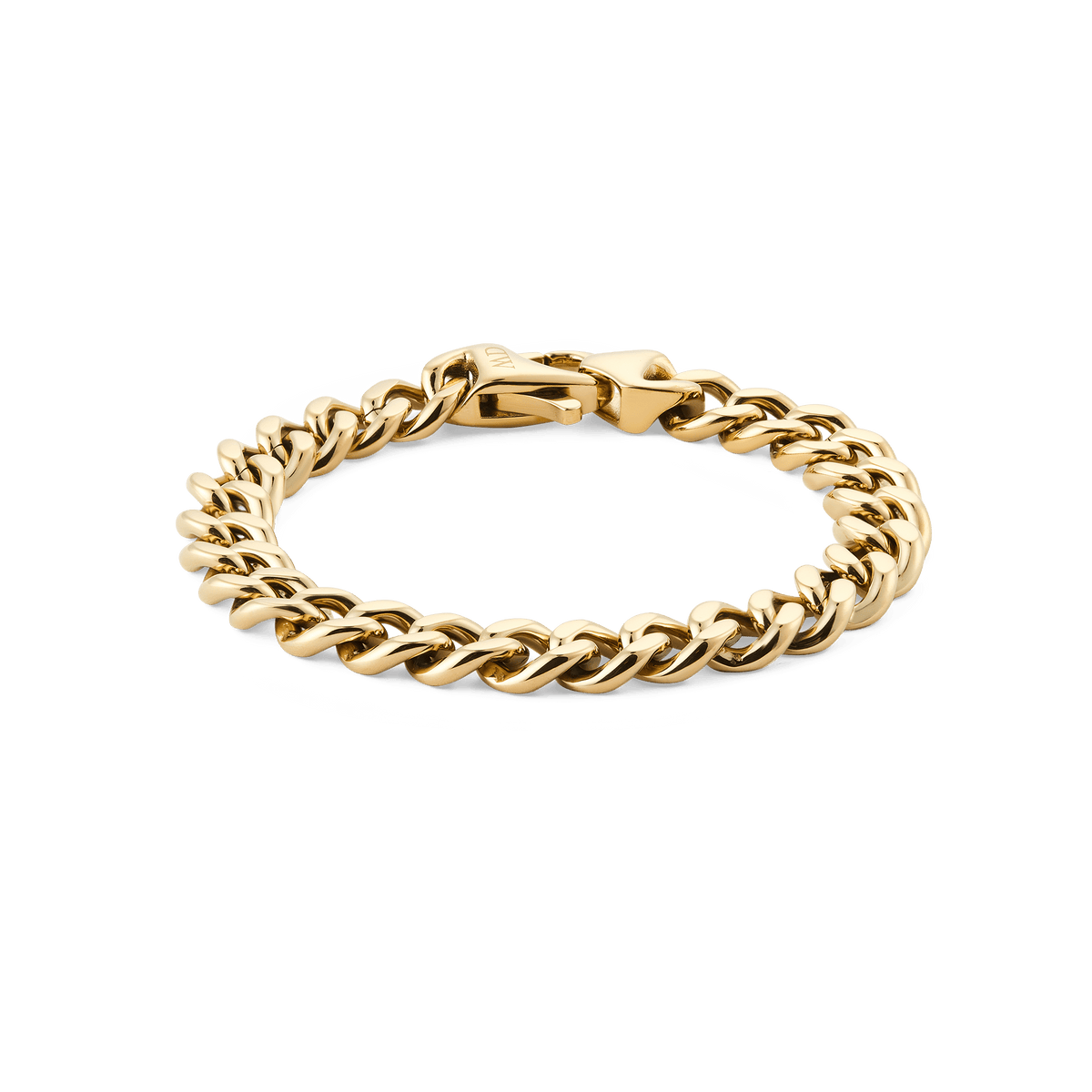 Gold Cuban chain bracelet with polished, substantial links and a secure lobster clasp, showcasing a contemporary yet timeless design ideal for both men and women. The lustrous gold finish highlights the bracelet's elegant and versatile style.