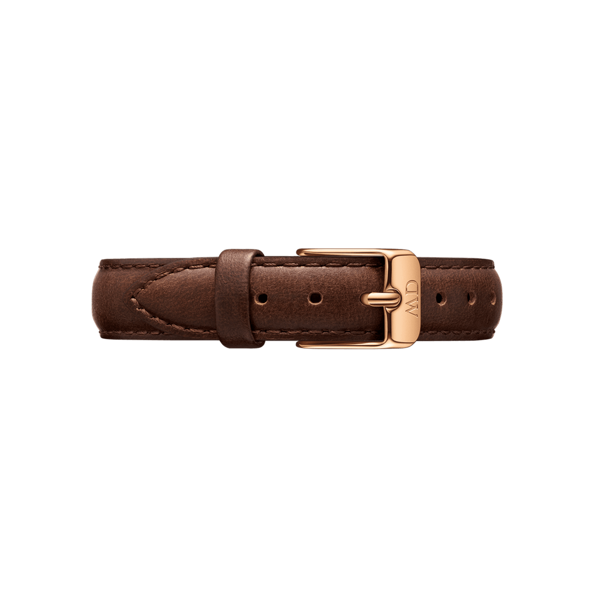 Brown leather watch strap with fine stitching and a rose gold buckle engraved with the Daniel Wellington logo, designed for a classic and elegant finish.