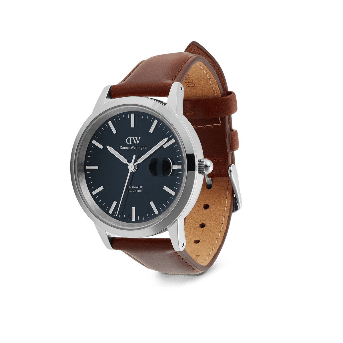 Iconic St Mawes Automatic Silver men’s watch with an arctic blue enamel dial, polished stainless steel case, magnified date window, and a rich brown Italian leather strap.