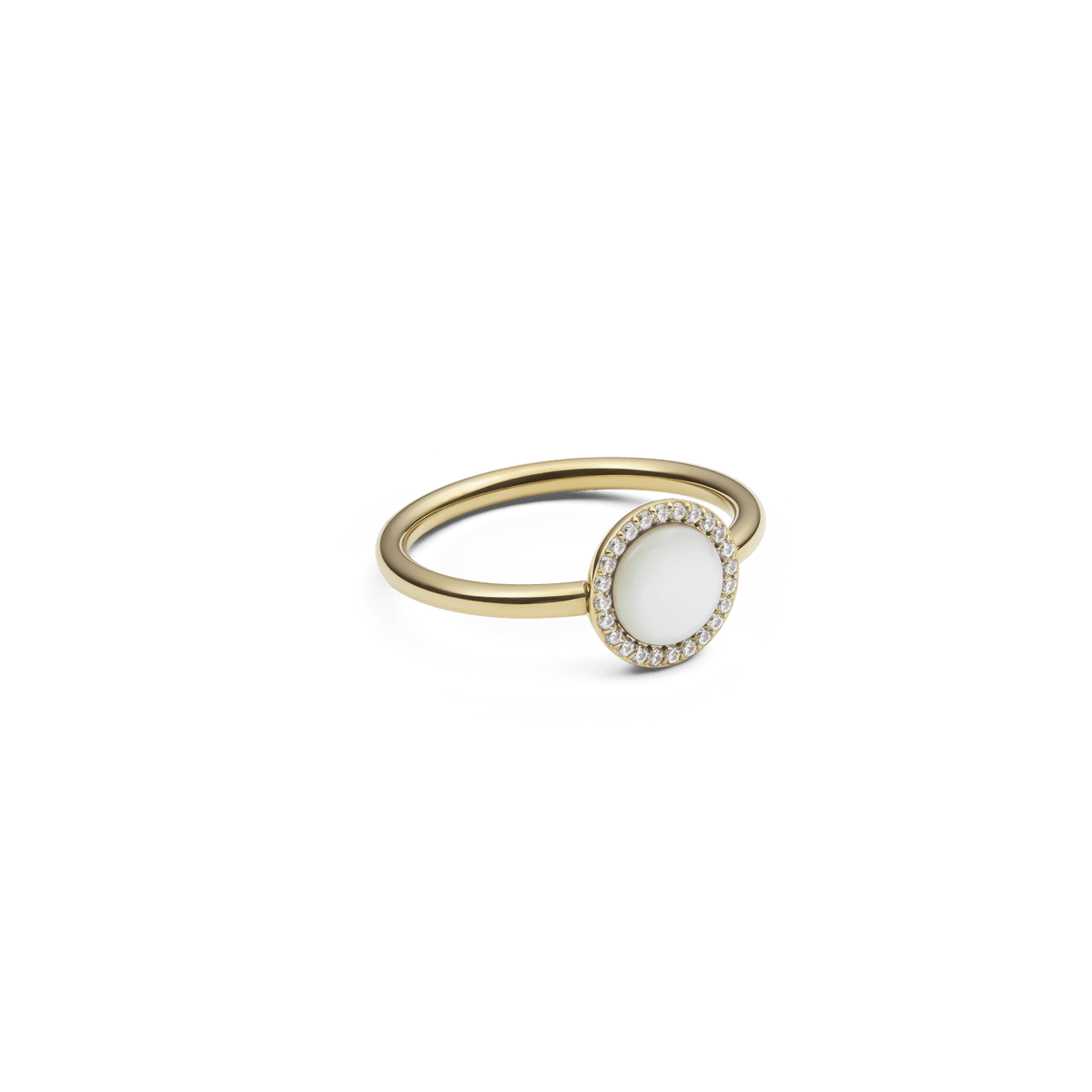 Audrey Ring Mother of Pearl Gold featuring a domed pearl centre and cubic zirconia halo on a slim gold-plated band.