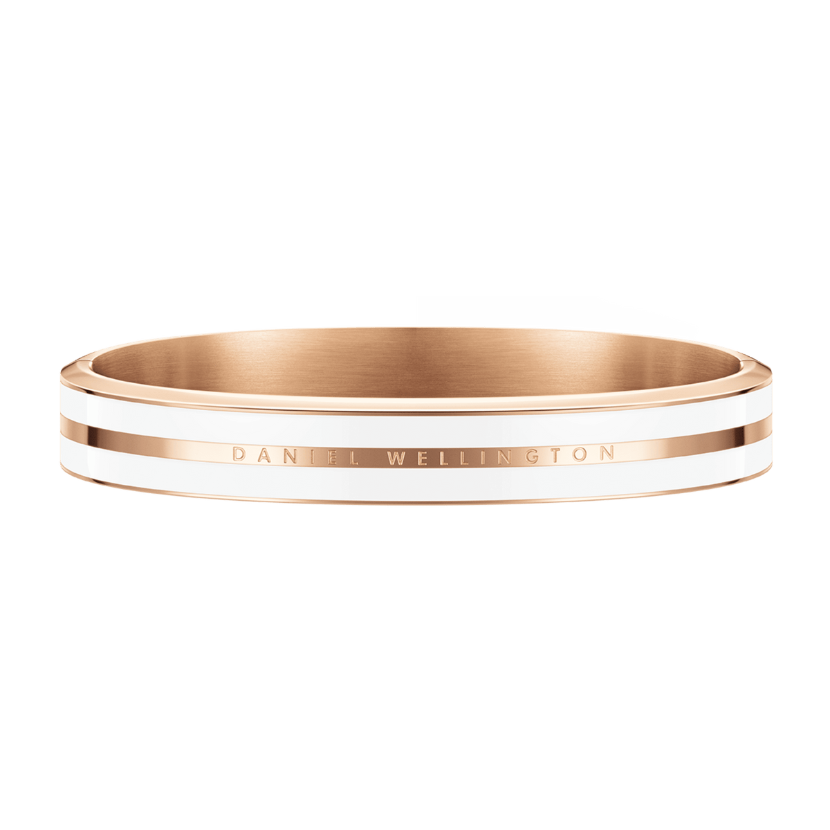 Rose gold bracelet with a satin white enamel inlay and Daniel Wellington engraving, featuring a smooth, contemporary bangle style.