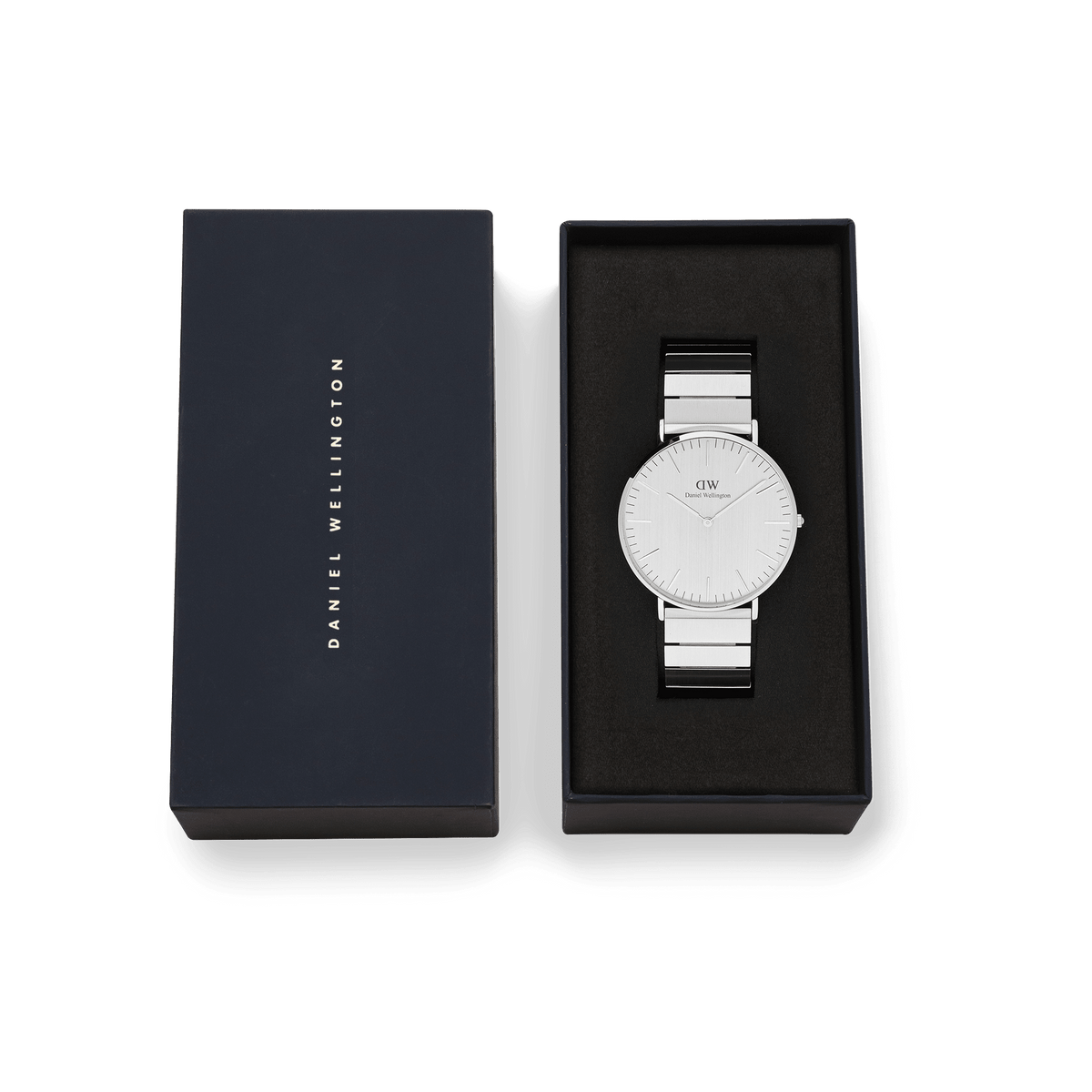 Classic Piano Link Silver Unitone watch with a brushed silver dial and stainless steel piano link strap, presented in an elegant Daniel Wellington gift box.