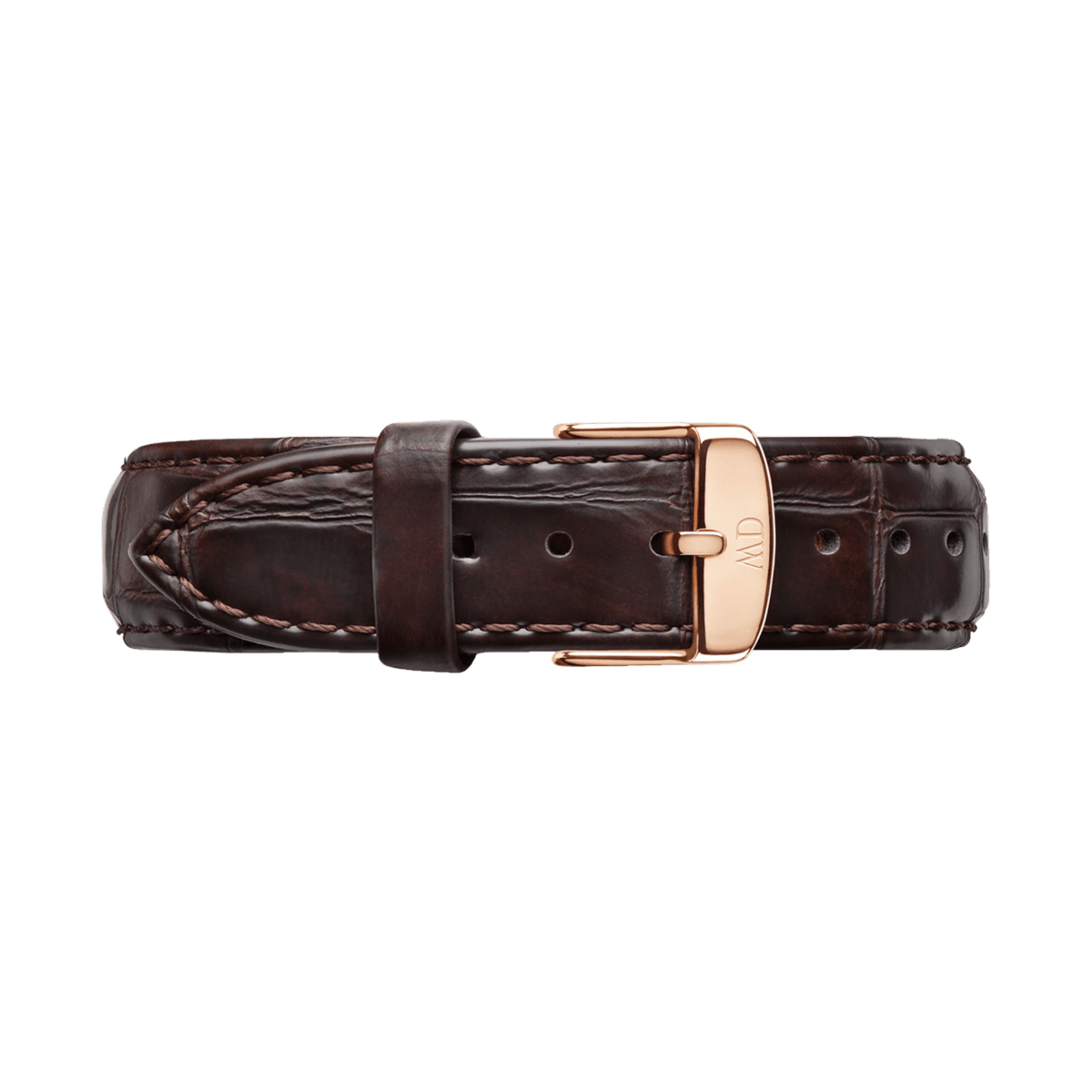 Deep brown croc-embossed leather watch strap with a polished rose gold buckle engraved with the Daniel Wellington logo, featuring refined stitching for a sophisticated look.