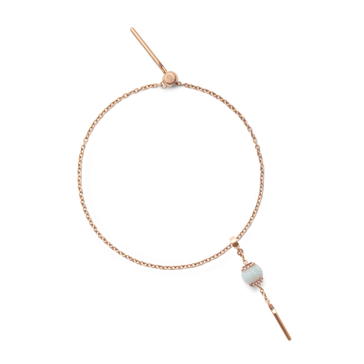 Rose gold charm extension chain bracelet featuring a delicate chain, polished finish, and a light blue bead charm, designed for versatile layering and personalisation.