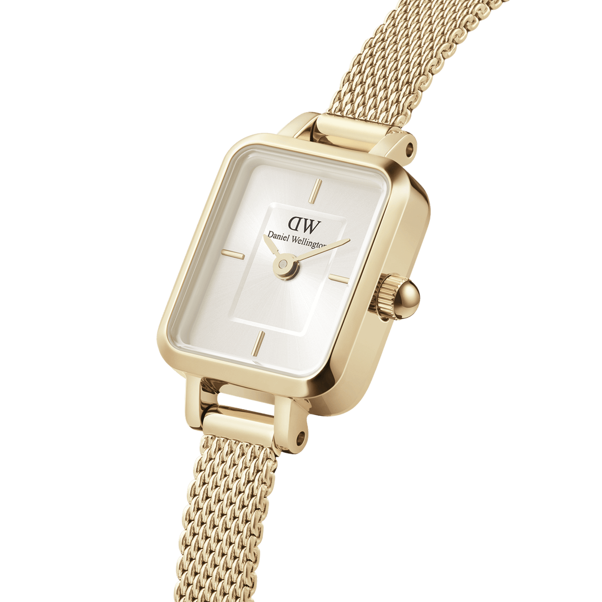 Daniel Wellington Quadro Mini Evergold Champagne watch with gold mesh strap and rectangular champagne sunray dial.