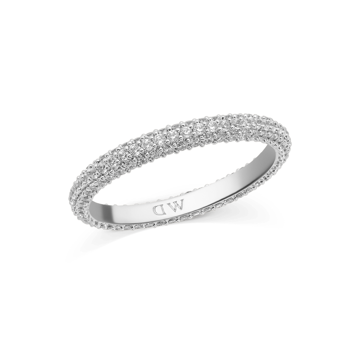 Slim silver pavé ring with three rows of closely set white cubic zirconia crystals, featuring a polished finish and subtle engraved branding on the inside of the band.