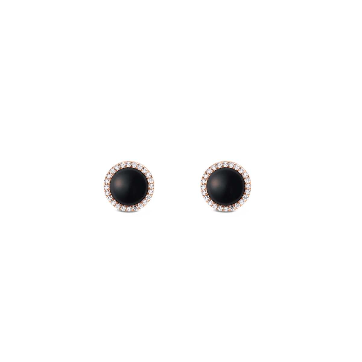 Rose gold stud earrings with round black agate centre and pavé cubic zirconia halo, elegant and modern jewellery.