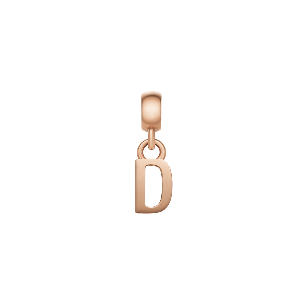 Rose gold letter D charm with a refined, polished surface and minimalist design, crafted from stainless steel and fitted with an anti-slip silicone lining for secure attachment to charm bracelets or necklaces.