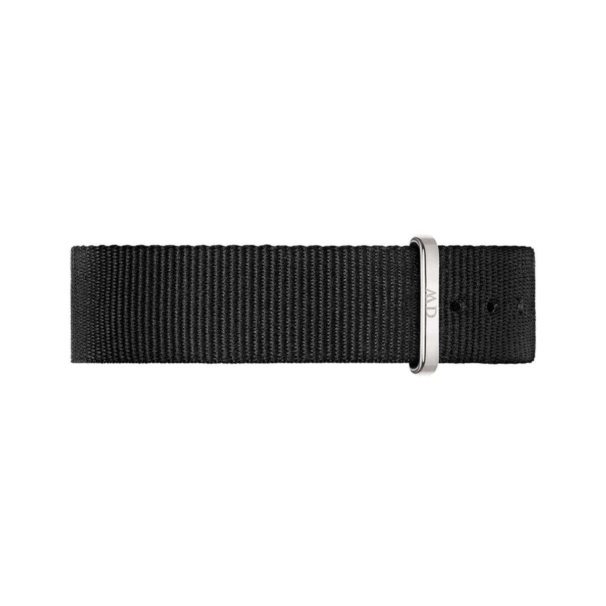 Cornwall Strap Silver displays a black polyester NATO watch strap with a polished silver buckle engraved with DW, featuring multiple adjustment holes for a secure and comfortable fit.