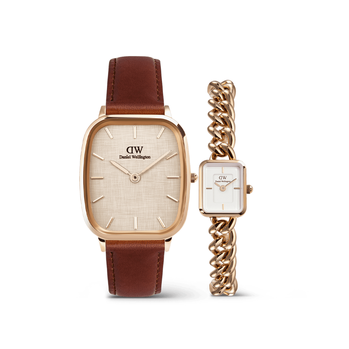 Marlon & Jolie Chain Rose Gold Set featuring a rose gold watch with a textured white dial and brown leather strap, paired with a petite square-faced watch with a white dial and polished rose gold chain bracelet.
