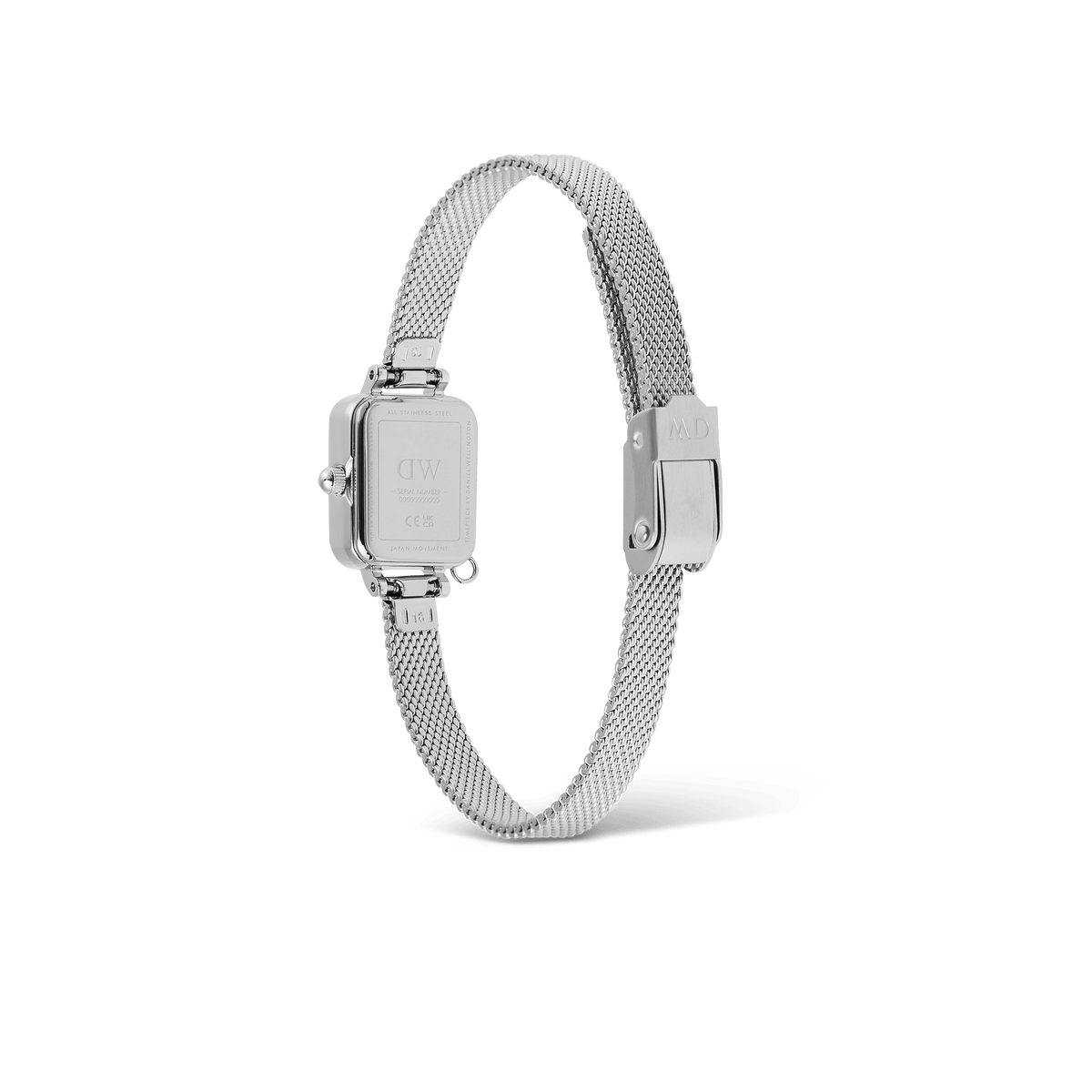 Back view of Quadro Mini Crystal Zodiac Sterling watch showing stainless steel mesh strap and secure clasp fastening.