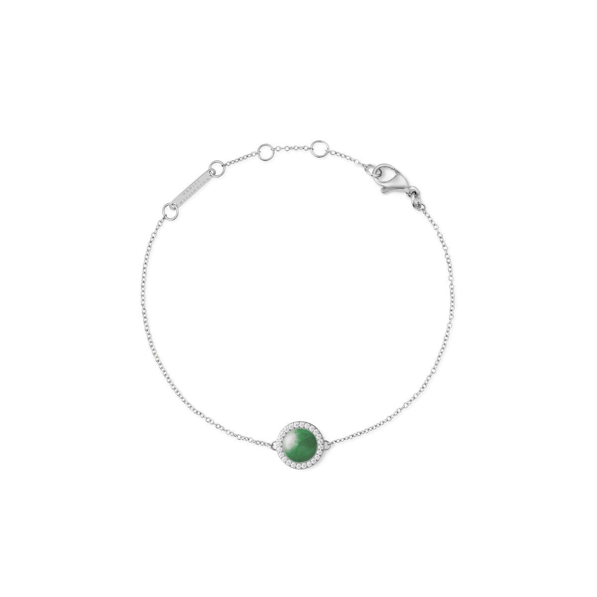 Silver bracelet with adjustable chain, featuring a domed jade charm encircled by white cubic zirconia crystals.