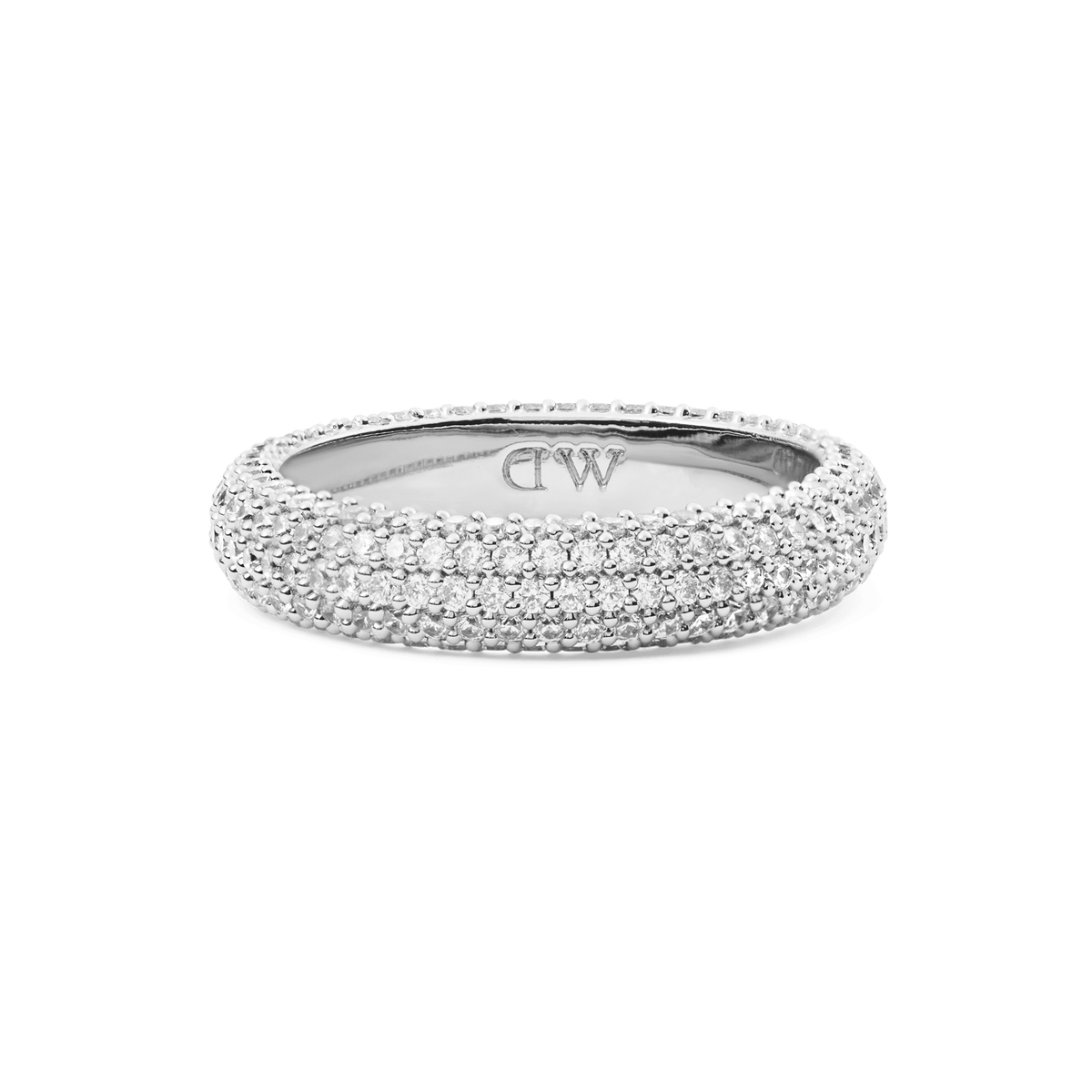 Daniel Wellington Pavé Ring Silver 5 mm featuring a slim rhodium-plated band, pavé-set with rows of white cubic zirconia crystals and finished with an engraved DW logo inside.