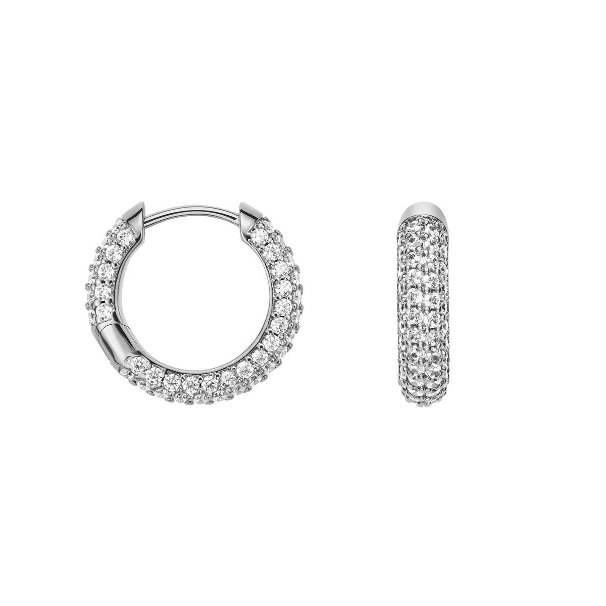 A pair of silver pavé crystal hoop earrings with a rounded, fully encrusted surface and secure hinge closure, shown from both front and side views.