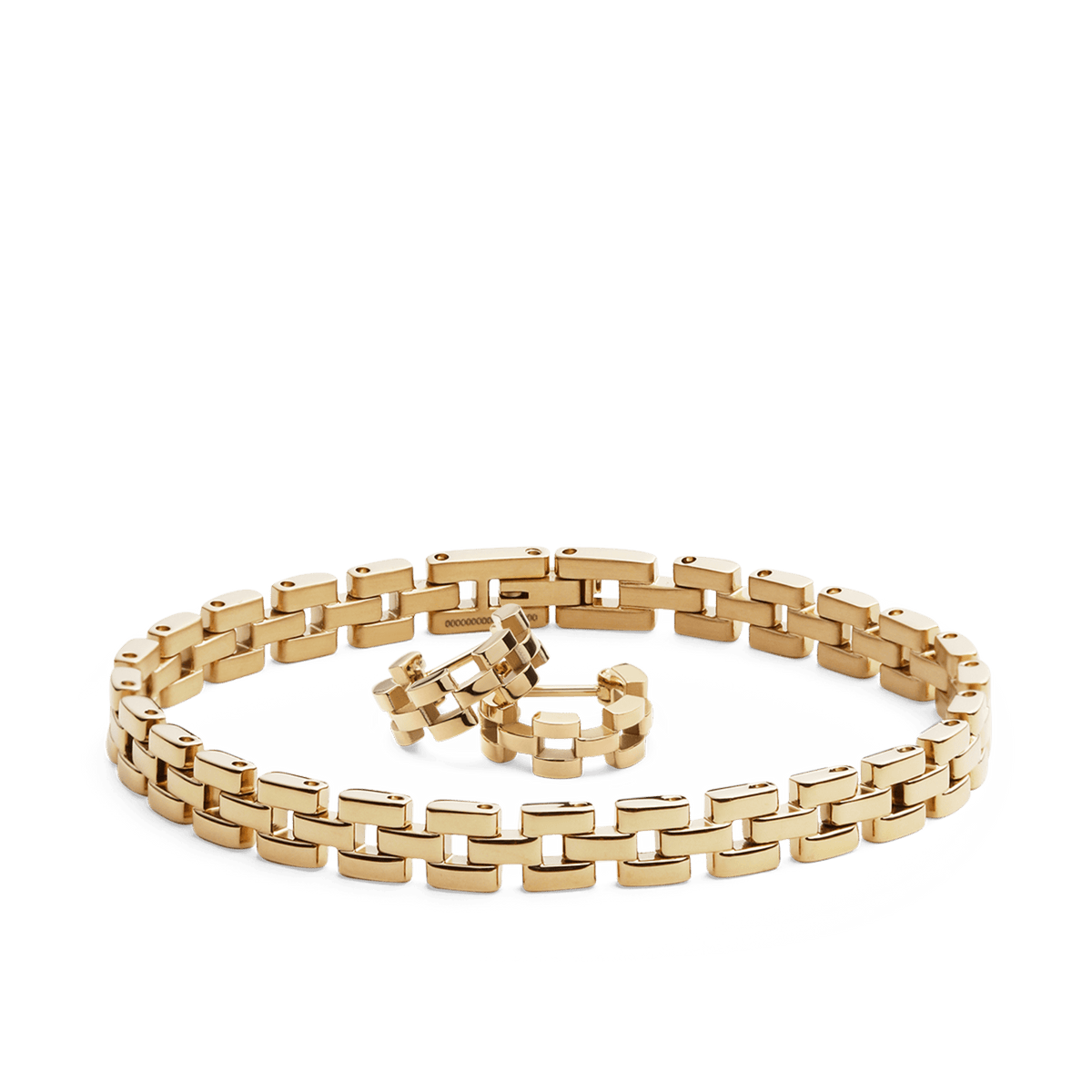 Gold-plated jewellery set featuring a polished three-link bracelet and matching hoop earrings, both with a distinctive modern link design and smooth, refined finish.