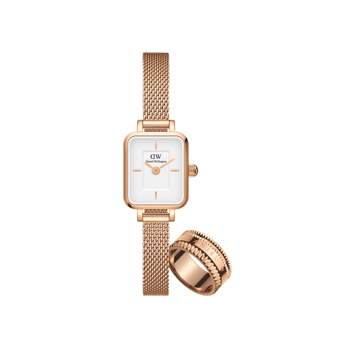 Rectangular Daniel Wellington Quadro Mini Melrose watch with a white dial and rose gold mesh strap, paired with a matching rose gold Elevation ring featuring a textured edge.