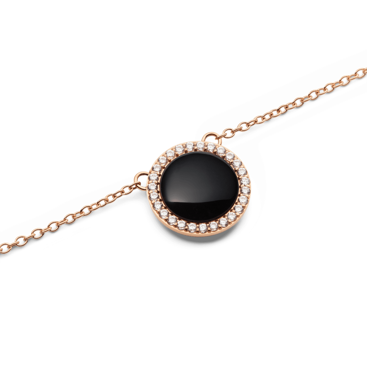 Rose gold necklace featuring a domed black agate pendant encircled by sparkling white cubic zirconia on a fine chain.