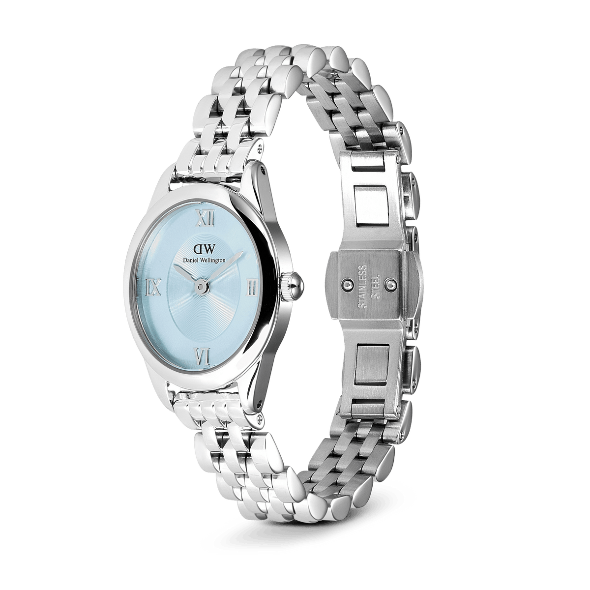 Ophelia Mini Ice Blue Silver watch with oval case, sunray blue dial, and open stainless steel 5-link bracelet.