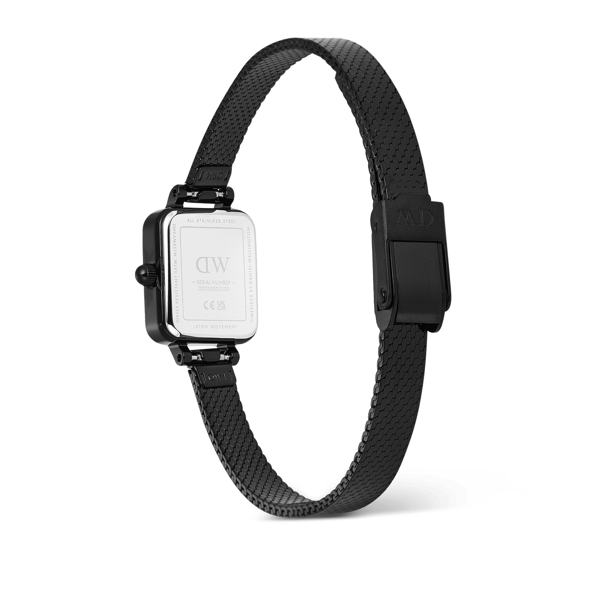 Quadro Mini Reflection Black watch shown from the back, highlighting the polished stainless steel case, engraved details, and the sleek black mesh strap with an adjustable clasp.