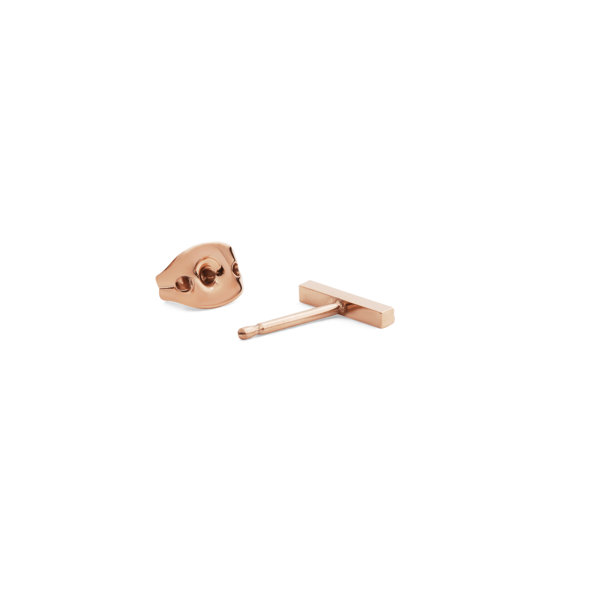 Crystal Bar Stud Rose Gold earring shown from the side with its butterfly back, highlighting the slim rose gold bar and polished finish.