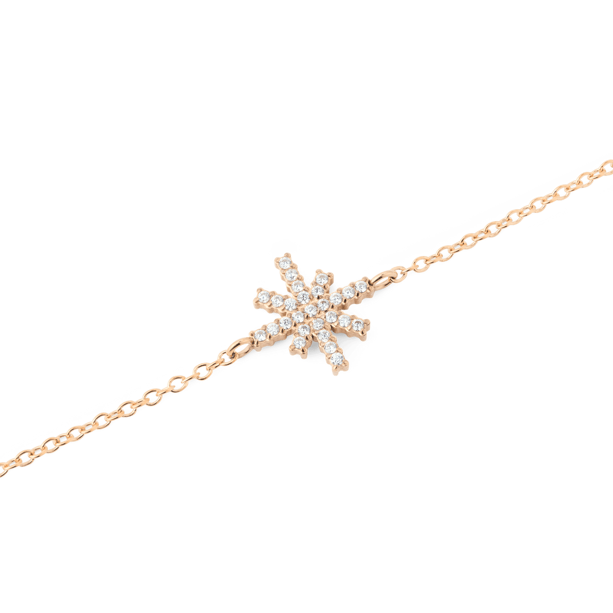 Close-up of the Mirelle Star Bracelet Rose Gold, showing the fine rose gold chain and the star-shaped charm encrusted with white cubic zirconia crystals for a sparkling, elegant finish.