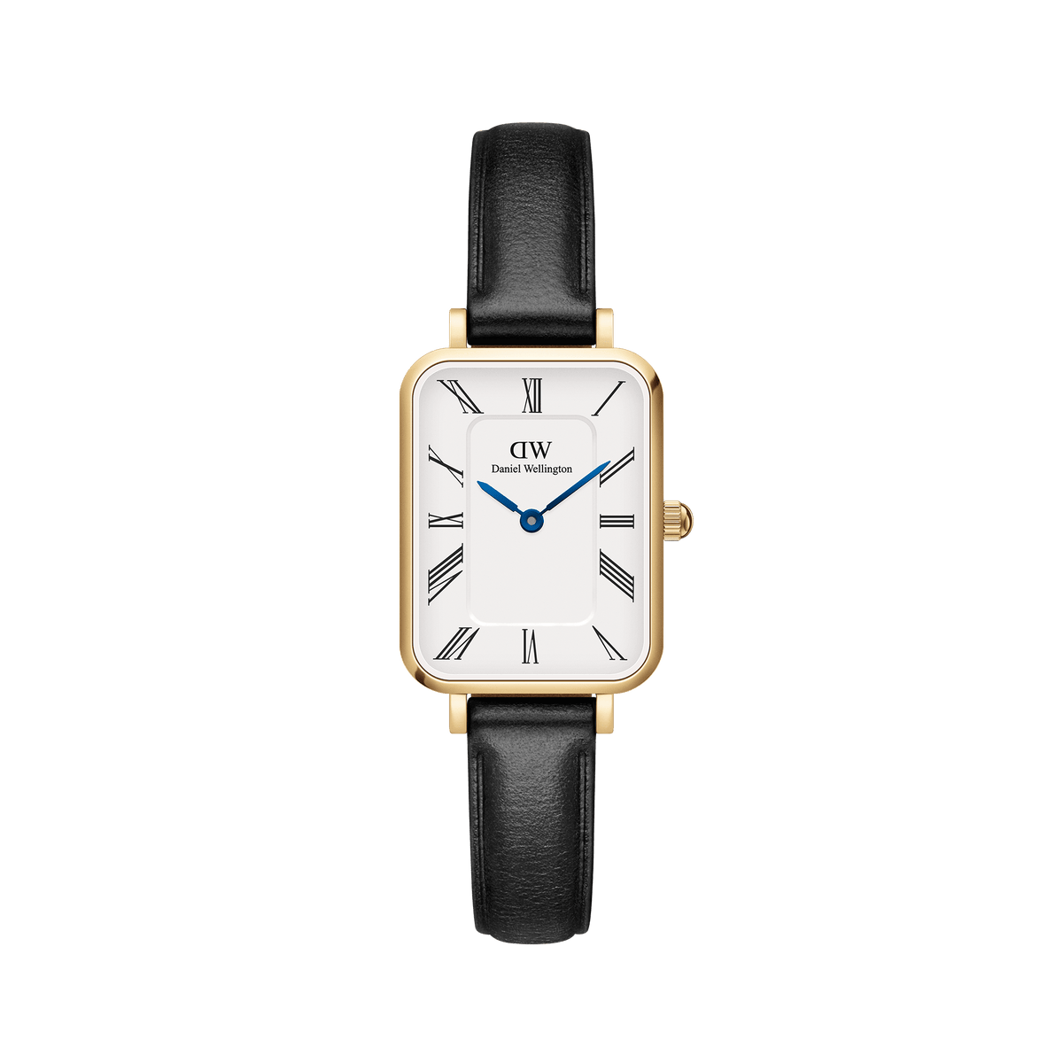 Rectangular gold women’s watch with a white dial, black Roman numerals, blue steel hands, and a black leather strap.