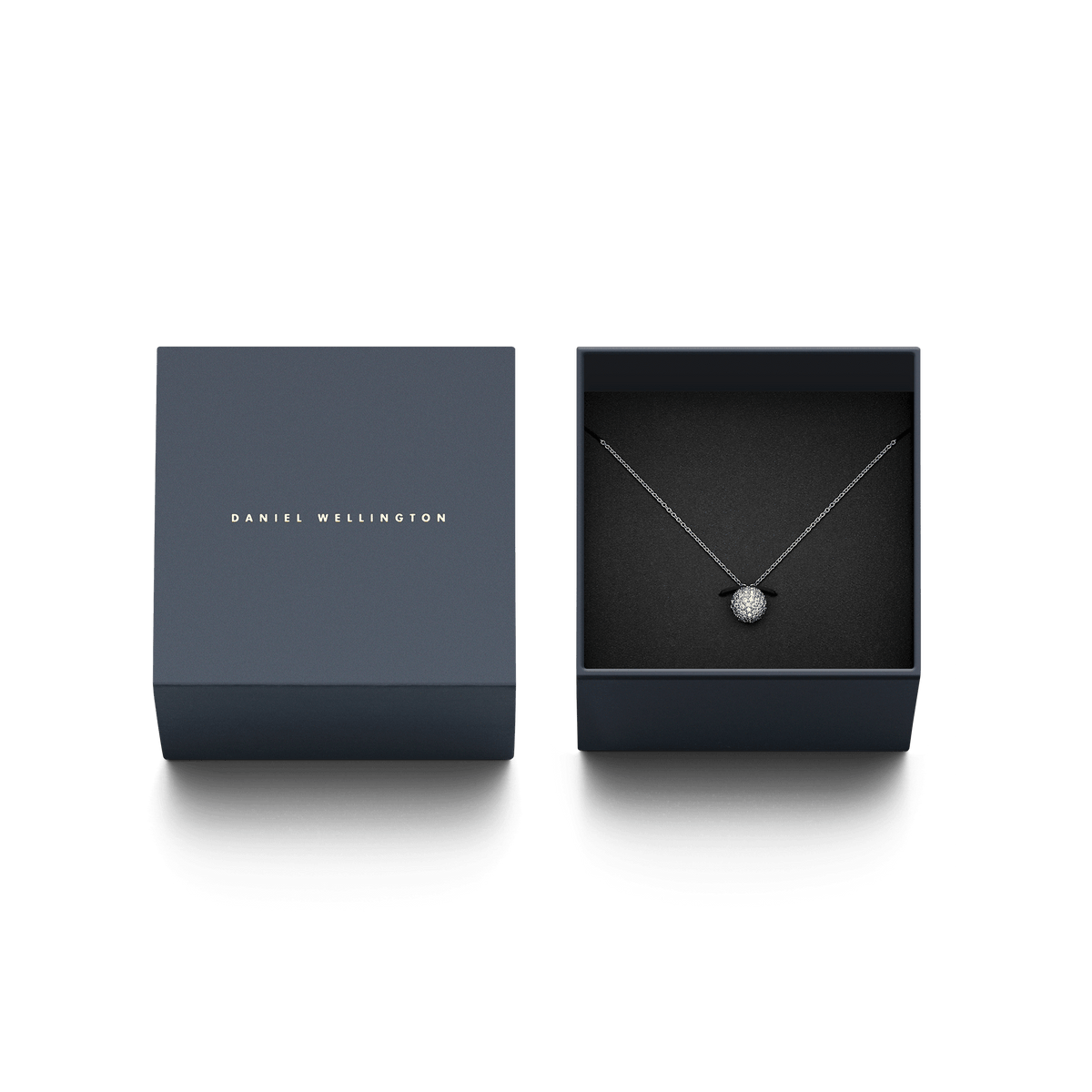 Pavé Crystal Pendant Necklace Silver displayed in an elegant Daniel Wellington gift box, featuring a sparkling pavé ball pendant on a fine silver chain.