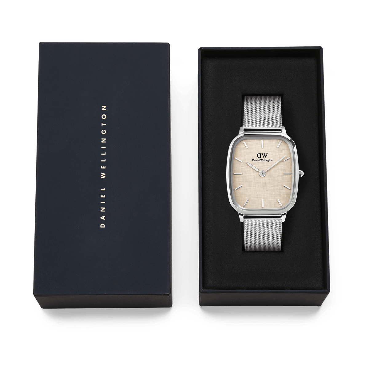 Daniel Wellington Marlon Sterling Linen watch with a silver mesh strap and linen-textured dial, elegantly presented in a black branded gift box.
