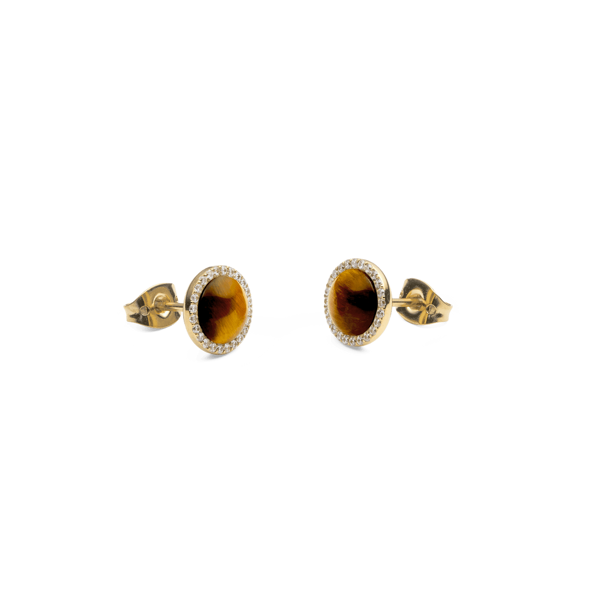 Audrey Earrings Tiger Eye Gold featuring domed tiger eye stones and cubic zirconia halos in gold-plated stud settings.