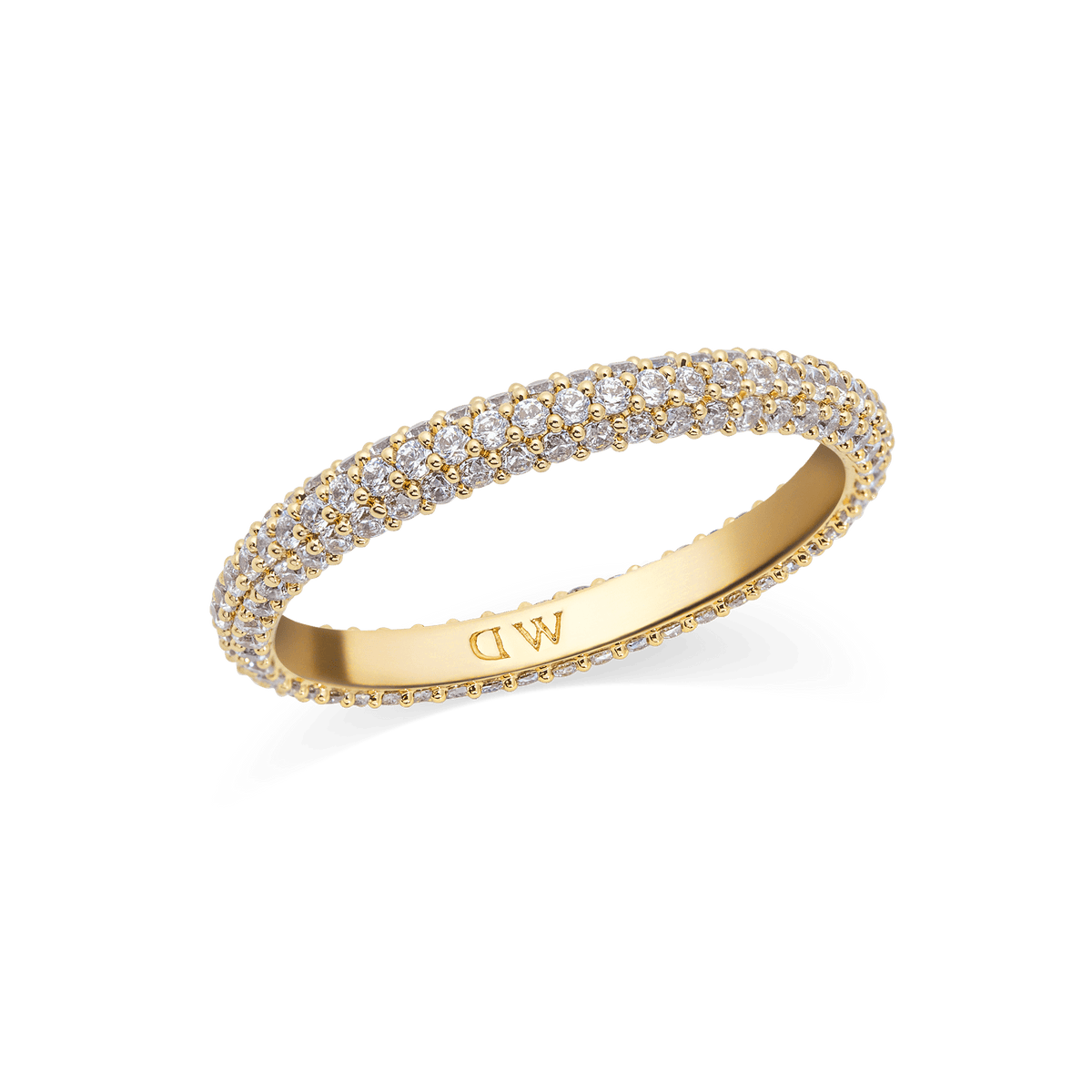Gold pavé ring with a slim 3 mm band, featuring three rows of sparkling white cubic zirconia crystals and an engraved Daniel Wellington logo on the inner band.