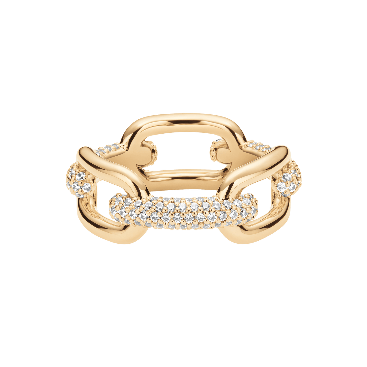 Gold-plated chunky chain link ring featuring pavé-set cubic zirconia crystals in claw settings, showcasing a bold and contemporary design with a refined, sculptural finish.