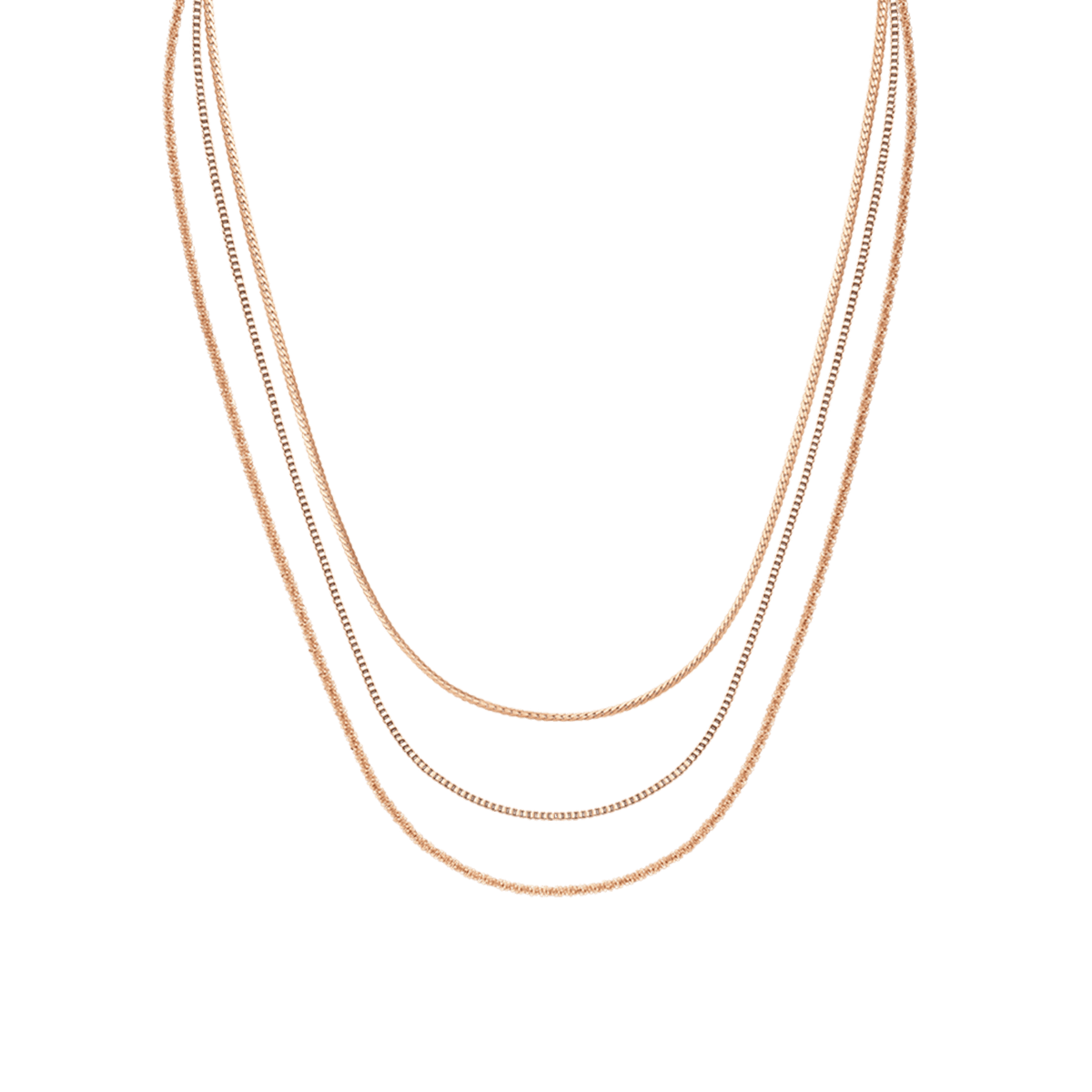 Three gold box chain necklaces of varying lengths are layered together, showcasing a refined and elegant design with a radiant finish.